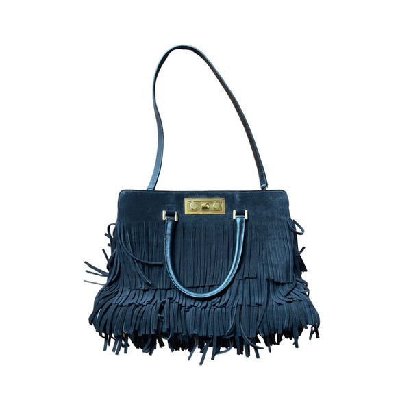 YSL monogram saddle fringe suede tote bag